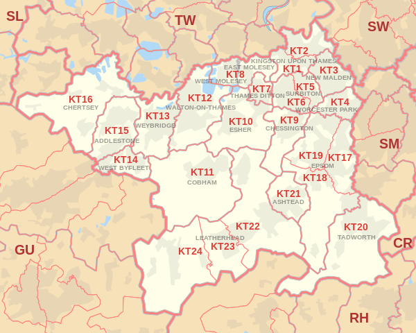 KT Postcode Area Map