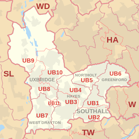 UB Postcode Area Map