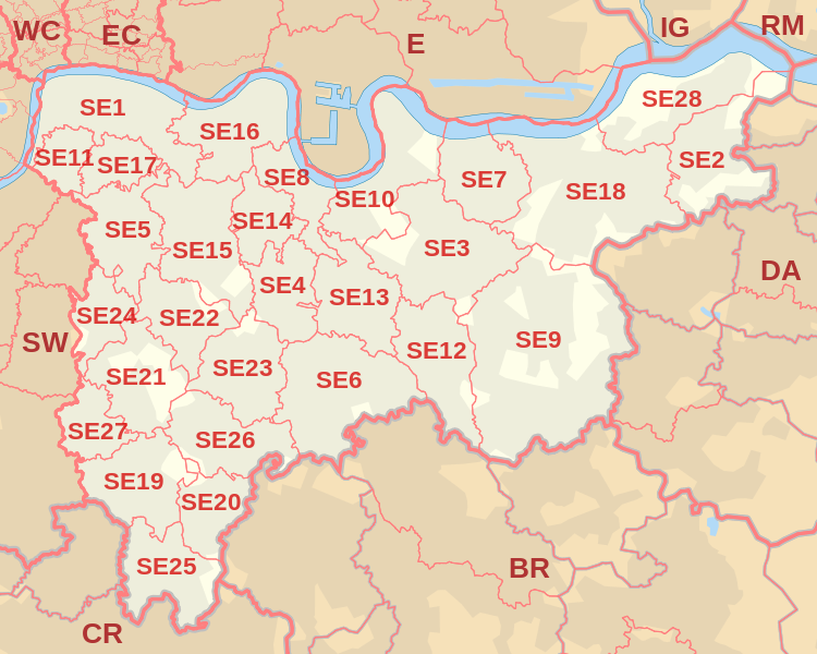 London SE Postcode Area - SE1, SE2, SE3, SE4, SE5, SE6, SE7, SE8, SE9 ...